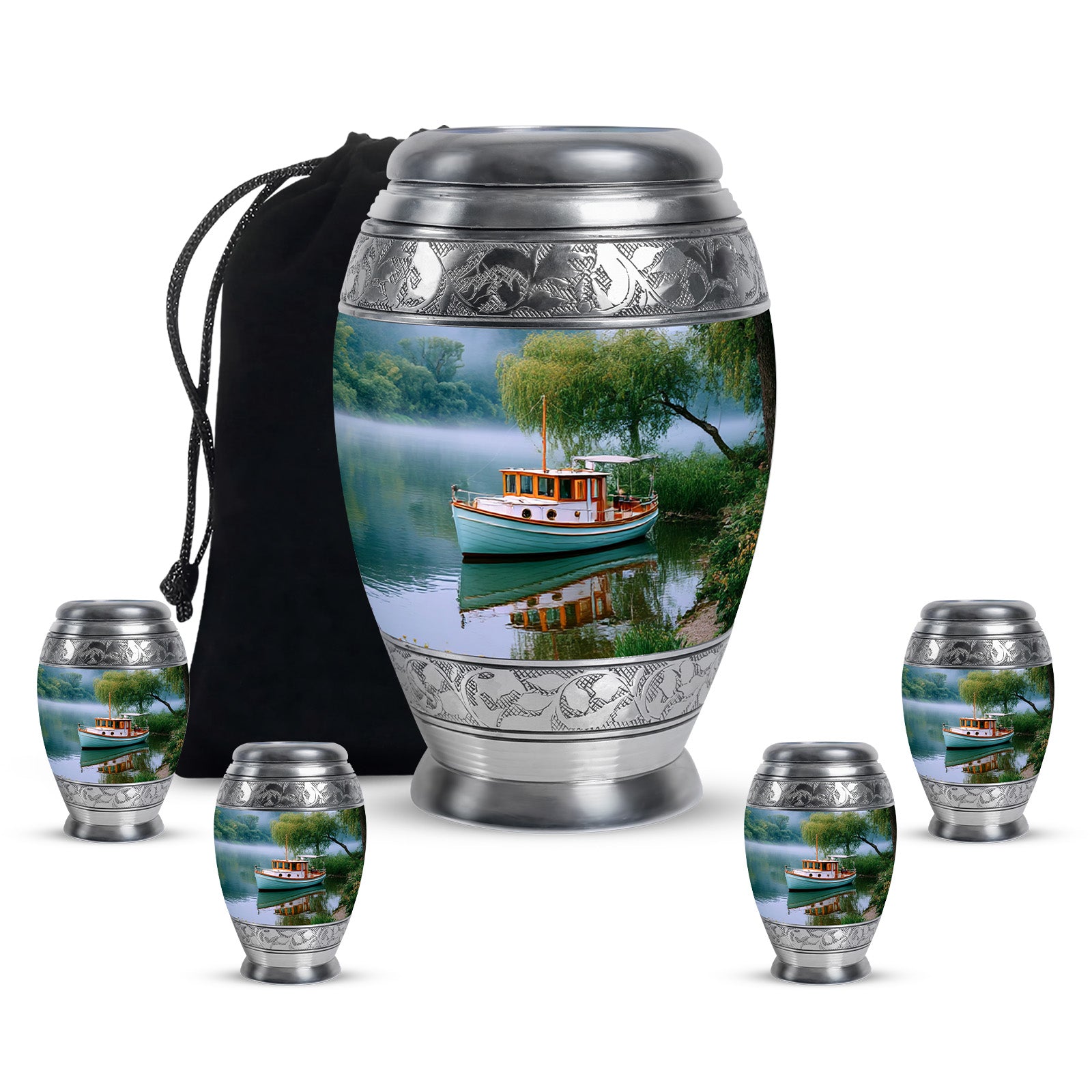 Deep Teal Boat Cremation Urn detail view - royal boat engraving with decorative scrollwork - memorial set with one large and four small urns
