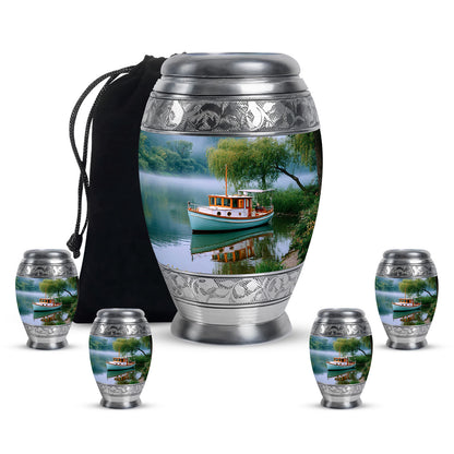 Deep Teal Boat Cremation Urn detail view - royal boat engraving with decorative scrollwork - memorial set with one large and four small urns