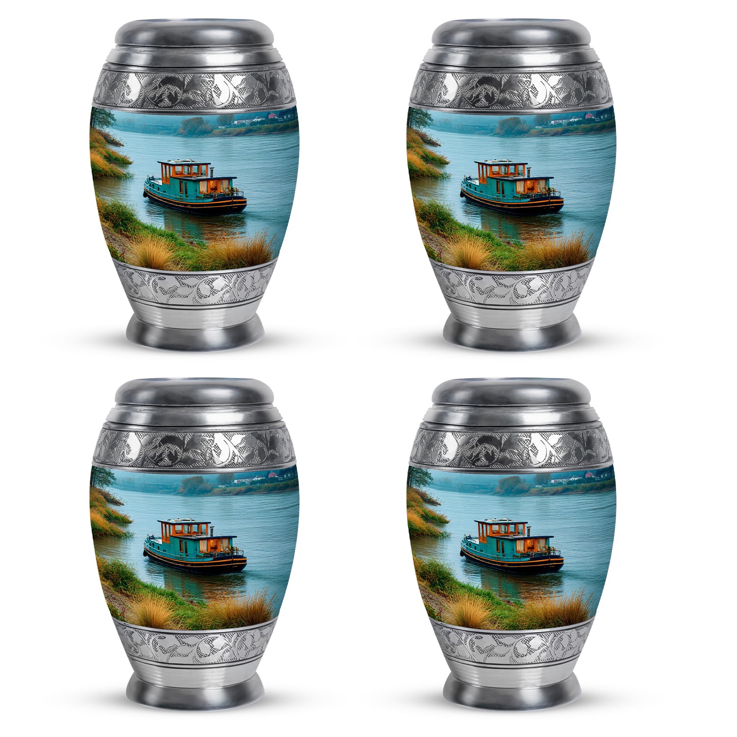 Jewel Teal Boat Cremation Urn urn with complimentary velvet bag - ornate monarch-style boat relief on brushed aluminum - 10 inch aluminum urn for cremated remains