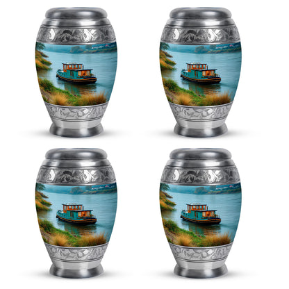 Jewel Teal Boat Cremation Urn urn with complimentary velvet bag - ornate monarch-style boat relief on brushed aluminum - 10 inch aluminum urn for cremated remains