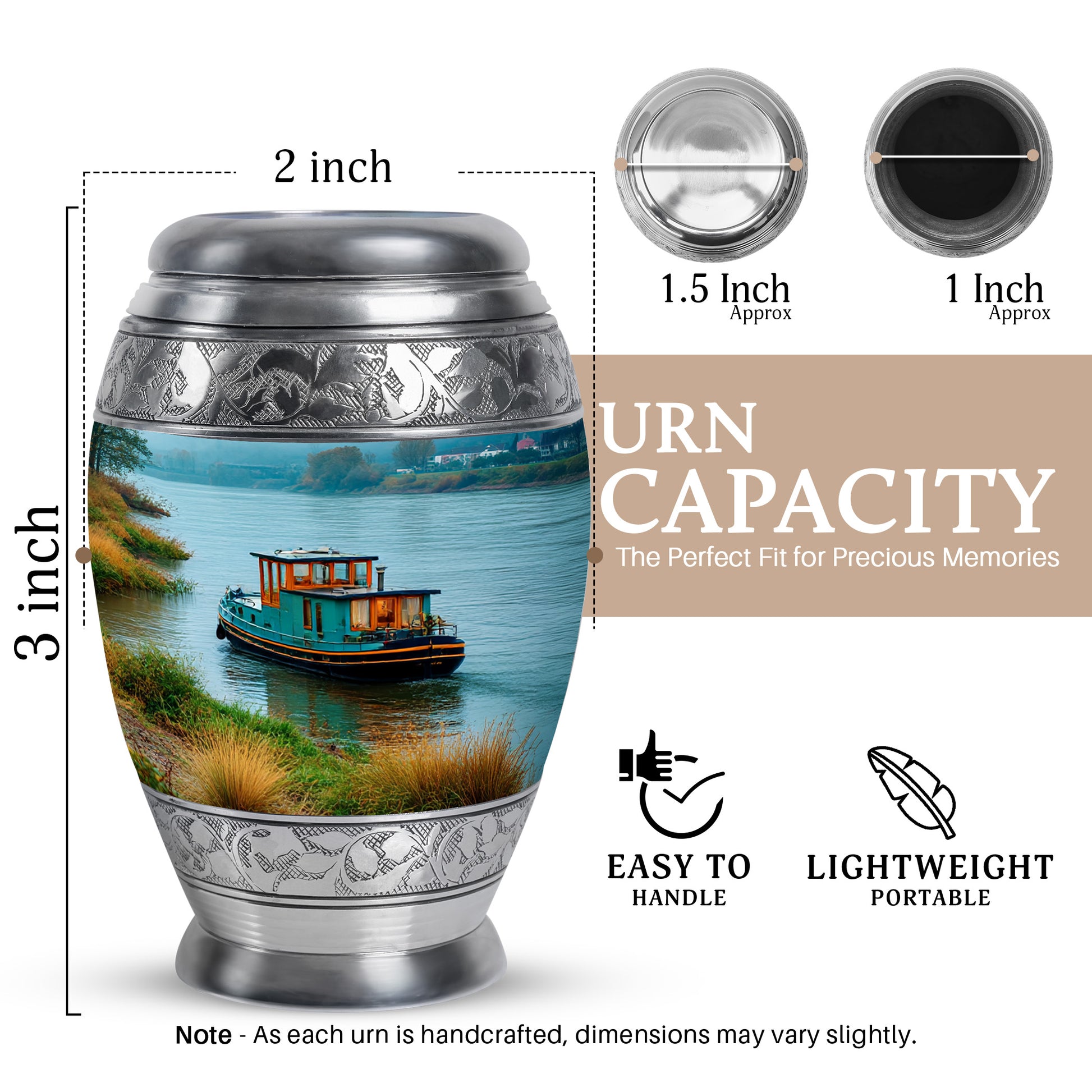 Aqua Teal Boat Cremation Urn lifestyle display on memorial shelf - royal boat engraving with decorative scrollwork - mini keepsake memorial for portion of cremation ashes