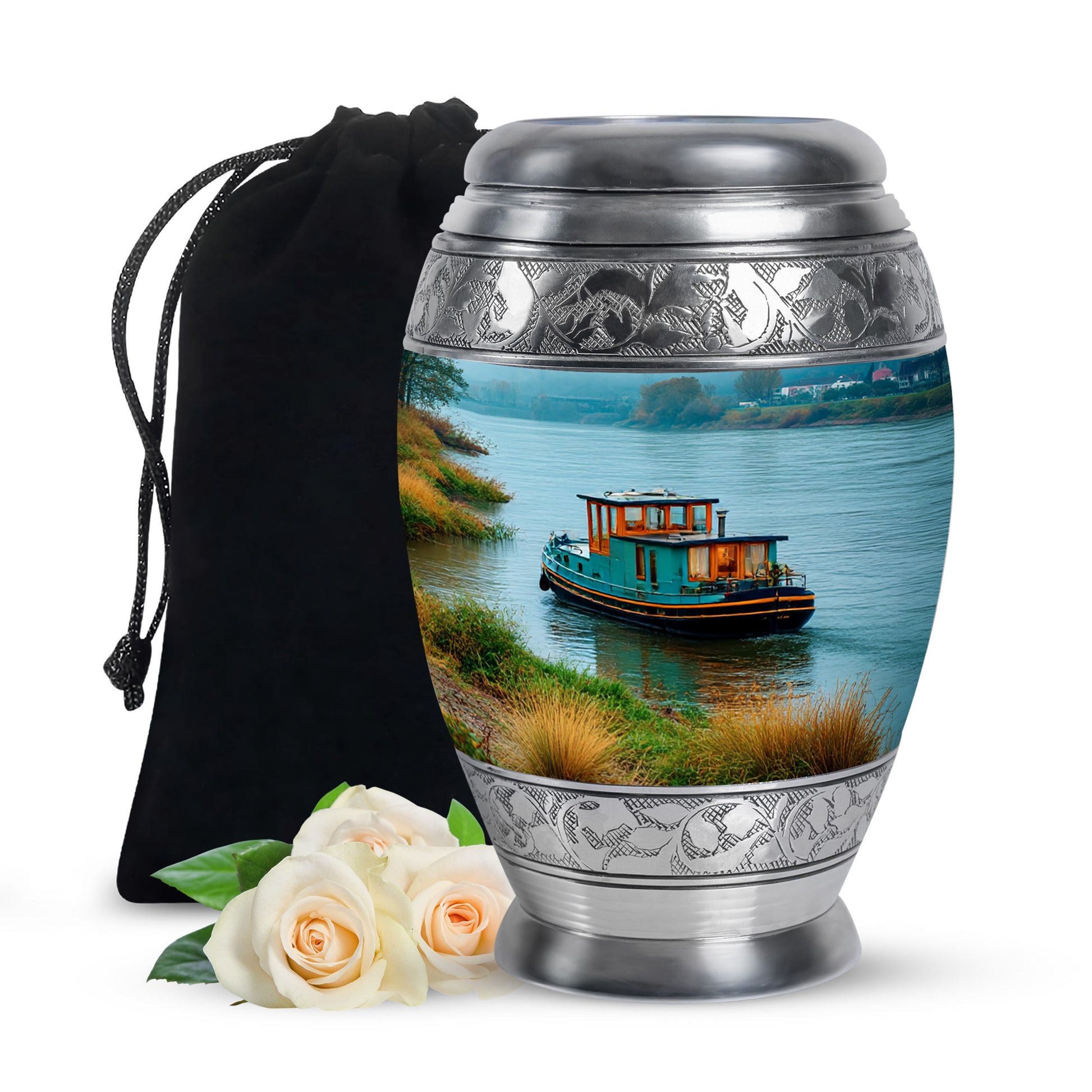 Jewel Teal Boat Cremation Urn back view with polished surface - regal boat design with crown-inspired accents - full-size 10 inch 200 cubic inch adult cremation urn