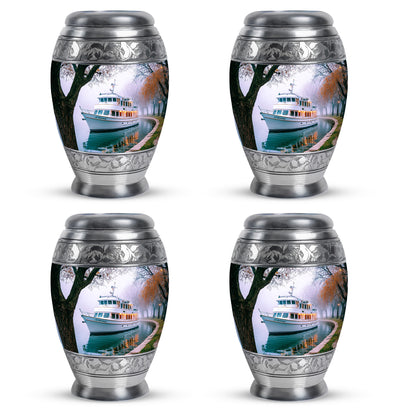 Snow White Boat Cremation Urn urn with complimentary velvet bag - ornate monarch-style boat relief on brushed aluminum - 10 inch aluminum urn for cremated remains