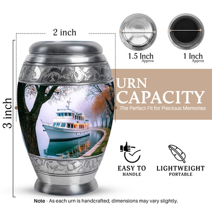 Snow White Boat Cremation Urn lifestyle display on memorial shelf - regal boat design with crown-inspired accents - mini keepsake memorial for portion of cremation ashes