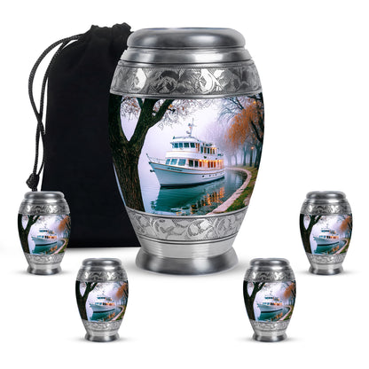 Porcelain White Boat Cremation Urn detail view - majestic boat pattern with filigree border - memorial set with one large and four small urns