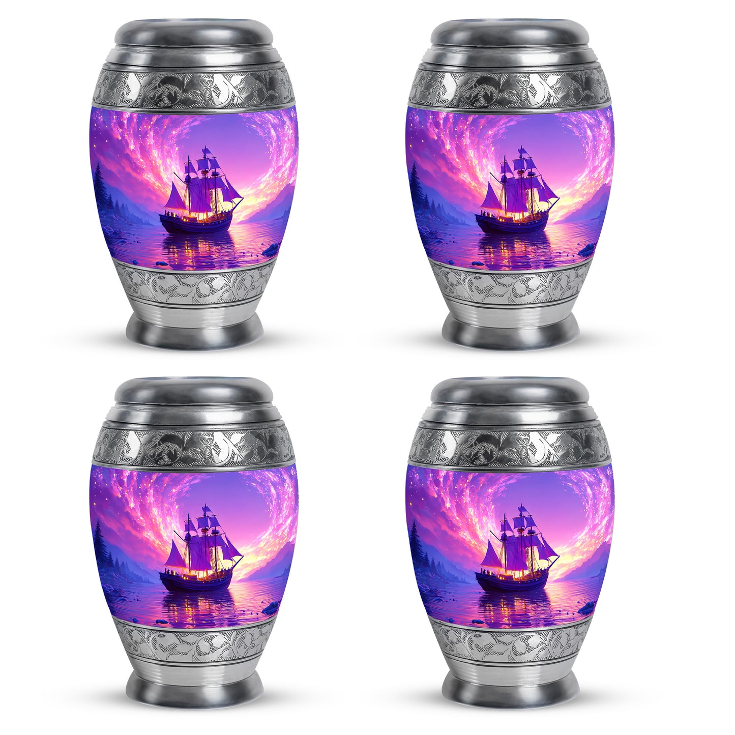 Grape Purple Boat Cremation Urn urn with complimentary velvet bag - majestic boat pattern with filigree border - 10 inch aluminum urn for cremated remains