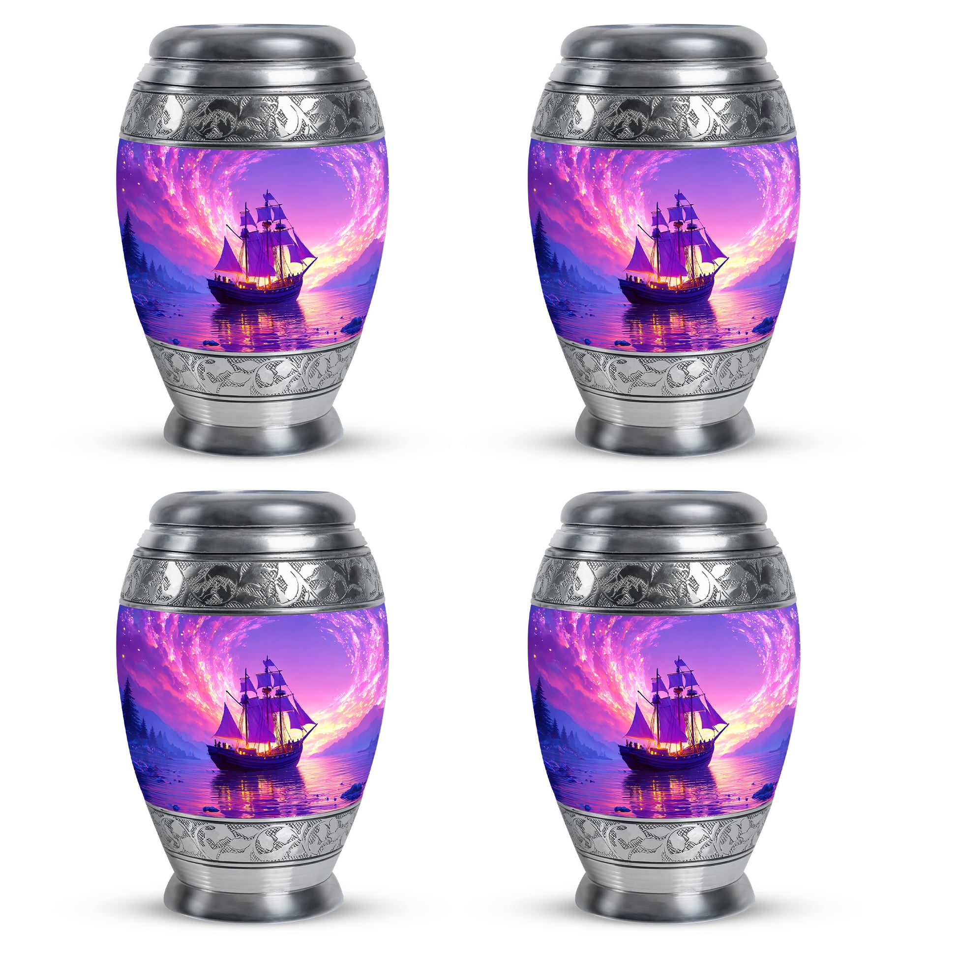 Grape Purple Boat Cremation Urn urn with complimentary velvet bag - majestic boat pattern with filigree border - 10 inch aluminum urn for cremated remains