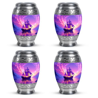 Grape Purple Boat Cremation Urn urn with complimentary velvet bag - majestic boat pattern with filigree border - 10 inch aluminum urn for cremated remains