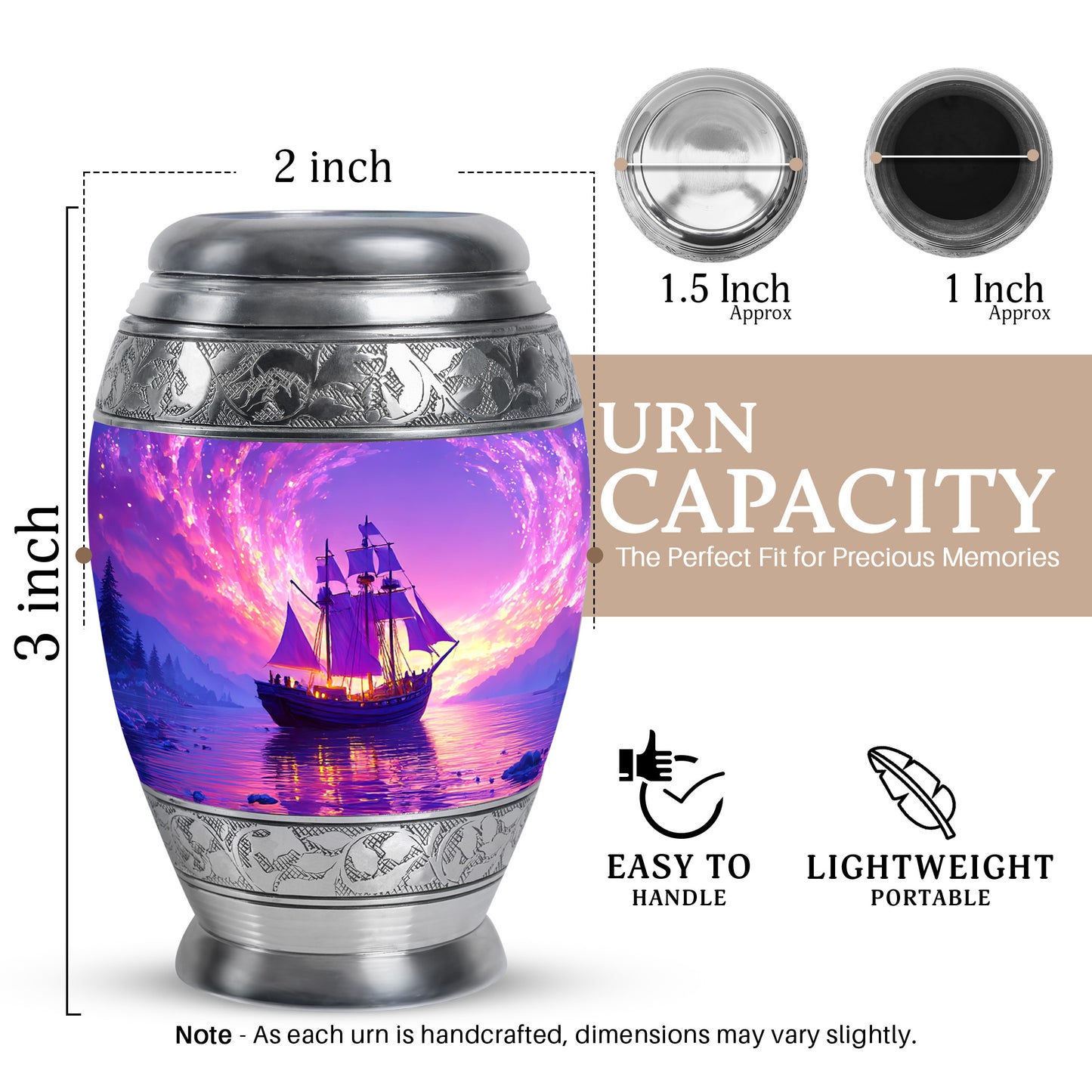 Deep Purple Boat Cremation Urn lifestyle display on memorial shelf - ornate monarch-style boat relief on brushed aluminum - mini keepsake memorial for portion of cremation ashes