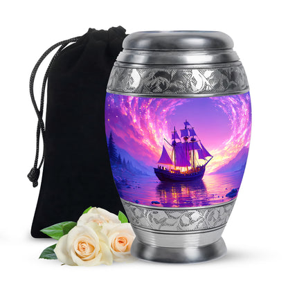 Grape Purple Boat Cremation Urn back view with polished surface - majestic boat pattern with filigree border - full-size 10 inch 200 cubic inch adult cremation urn