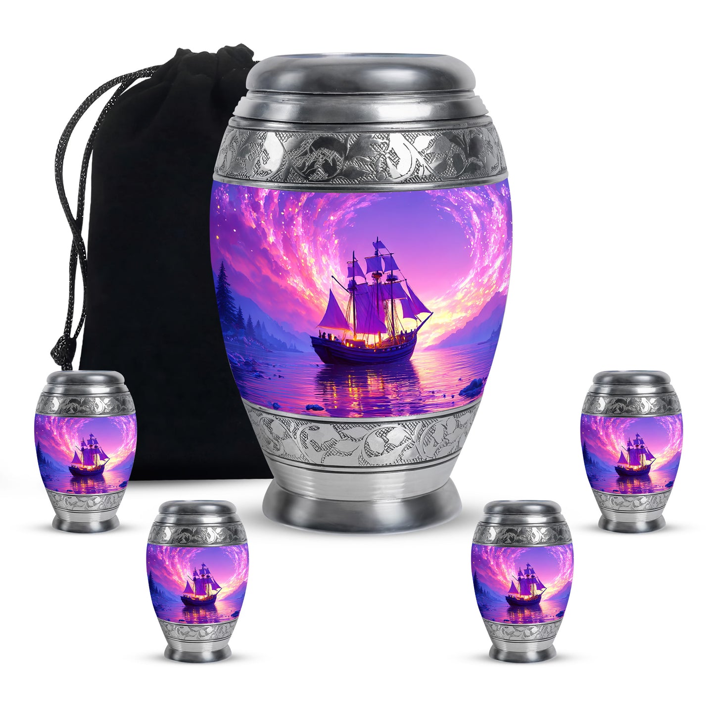 Amethyst Purple Boat Cremation Urn detail view - regal boat design with crown-inspired accents - memorial set with one large and four small urns