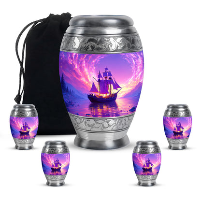 Amethyst Purple Boat Cremation Urn detail view - regal boat design with crown-inspired accents - memorial set with one large and four small urns