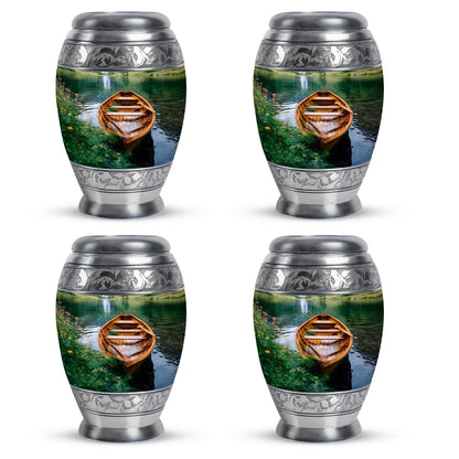 Moss Green Boat Cremation Urn urn with complimentary velvet bag - regal boat design with crown-inspired accents - 10 inch aluminum urn for cremated remains