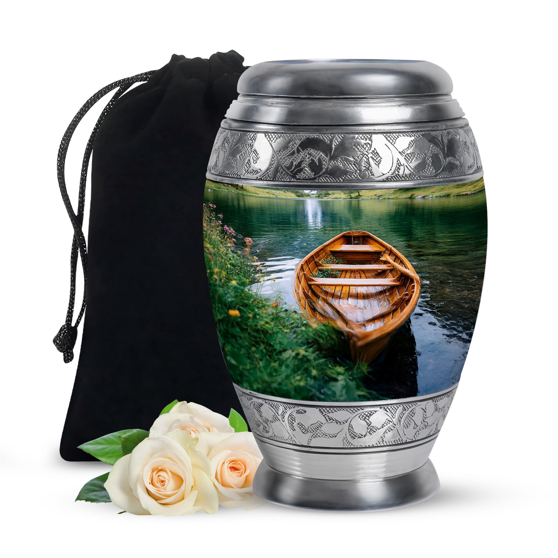 Olive Green Boat Cremation Urn back view with polished surface - royal boat engraving with decorative scrollwork - full-size 10 inch 200 cubic inch adult cremation urn