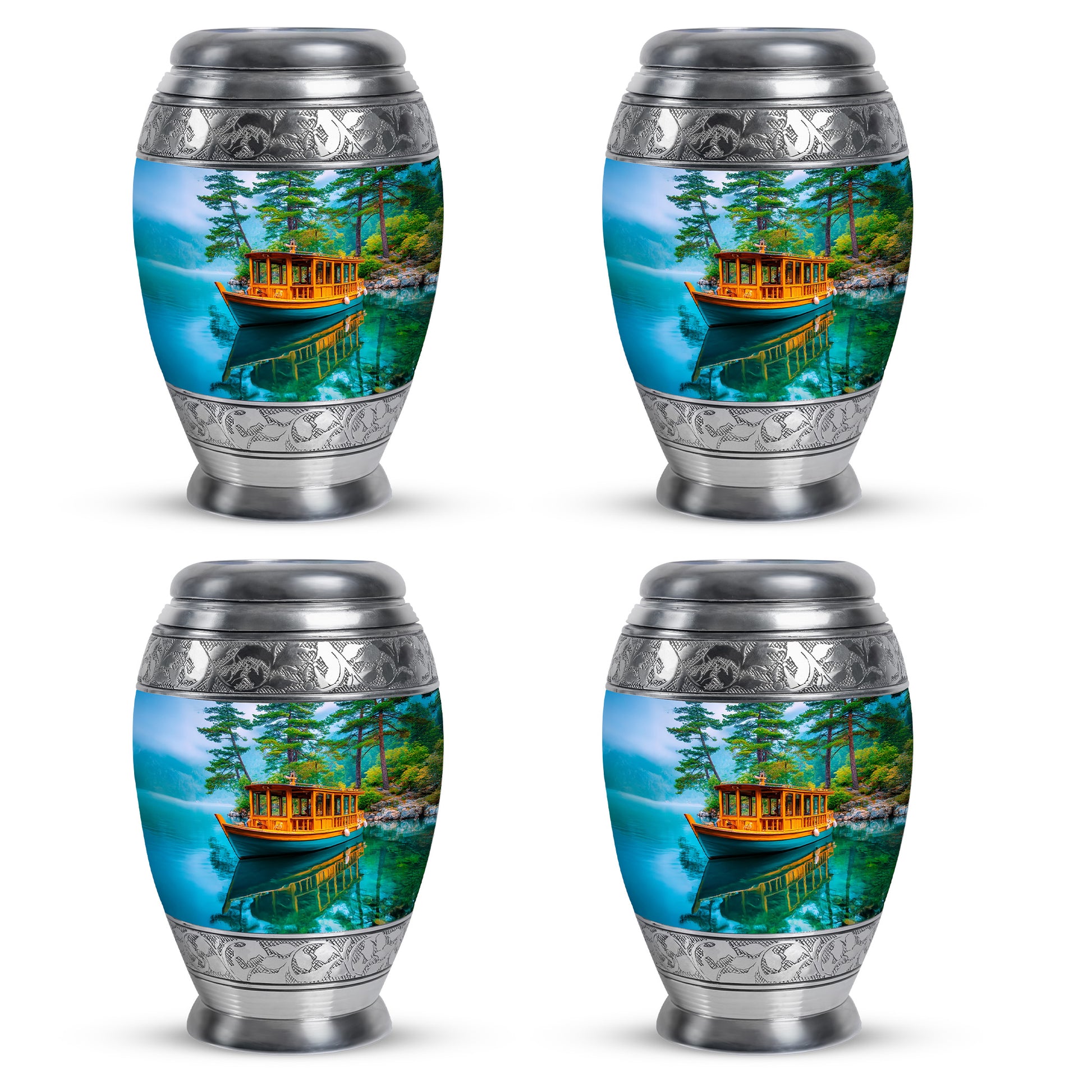 Deep Teal Boat Cremation Urn urn with complimentary velvet bag - royal boat engraving with decorative scrollwork - 10 inch aluminum urn for cremated remains