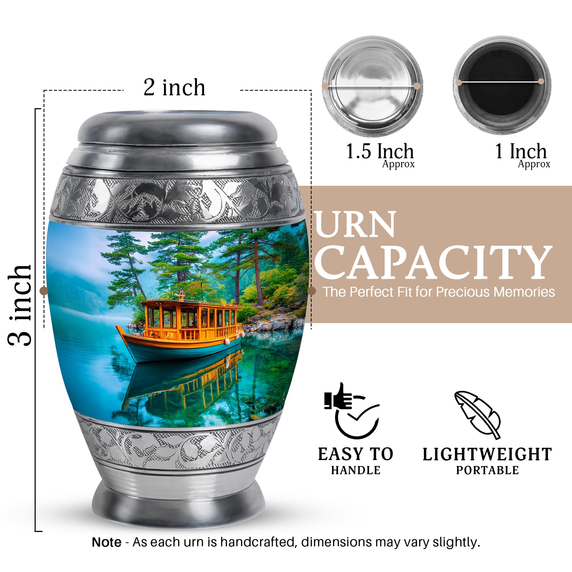Tropical Teal Boat Cremation Urn lifestyle display on memorial shelf - royal boat engraving with decorative scrollwork - mini keepsake memorial for portion of cremation ashes