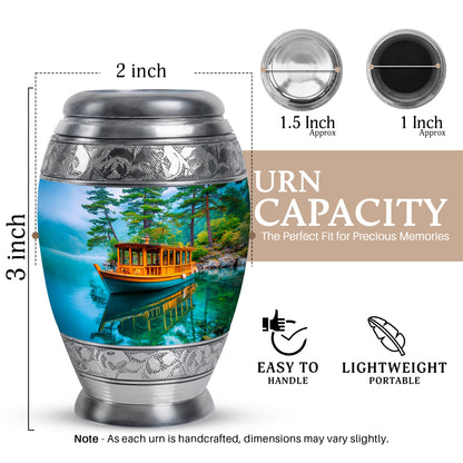 Tropical Teal Boat Cremation Urn lifestyle display on memorial shelf - royal boat engraving with decorative scrollwork - mini keepsake memorial for portion of cremation ashes