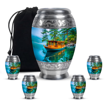 Aqua Teal Boat Cremation Urn detail view - majestic boat pattern with filigree border - memorial set with one large and four small urns