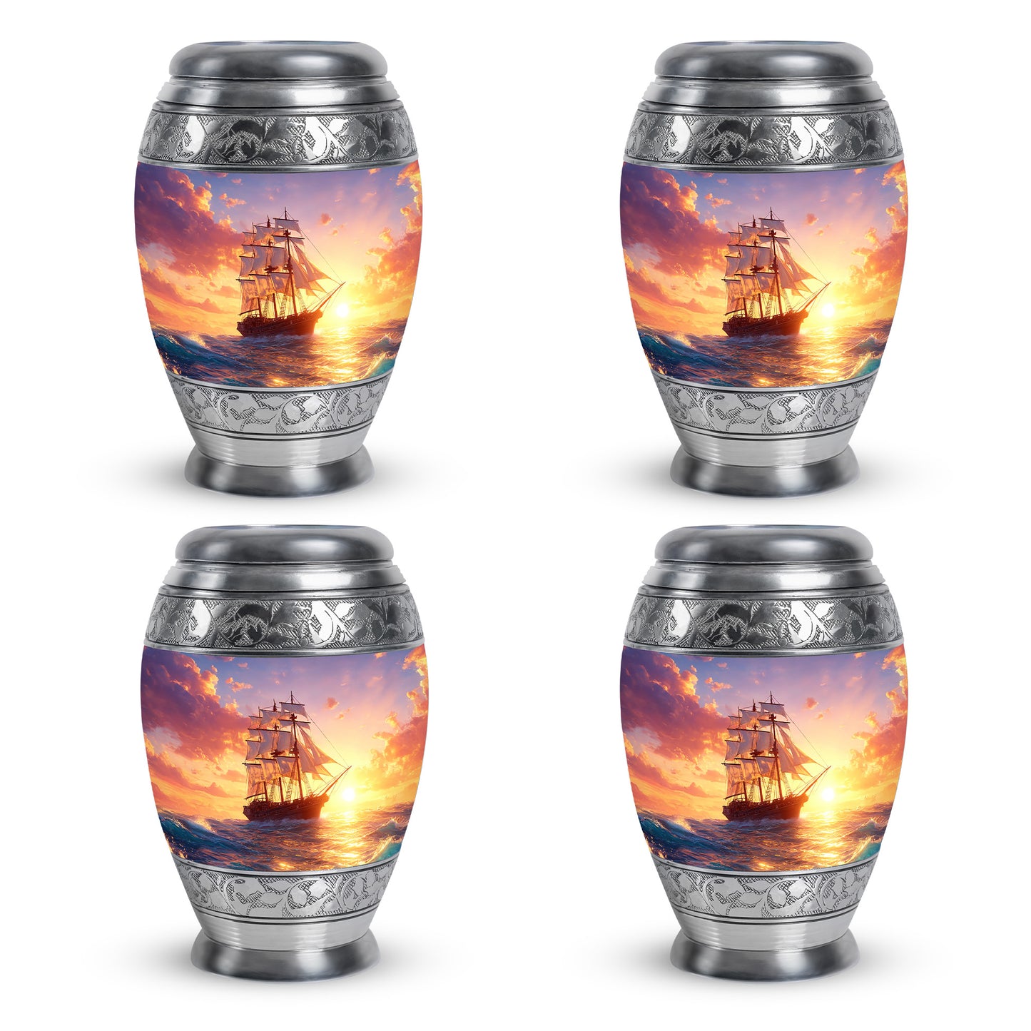 Royal Blue Boat Cremation Urn urn with complimentary velvet bag - majestic boat pattern with filigree border - 10 inch aluminum urn for cremated remains