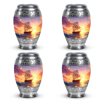 Royal Blue Boat Cremation Urn urn with complimentary velvet bag - majestic boat pattern with filigree border - 10 inch aluminum urn for cremated remains