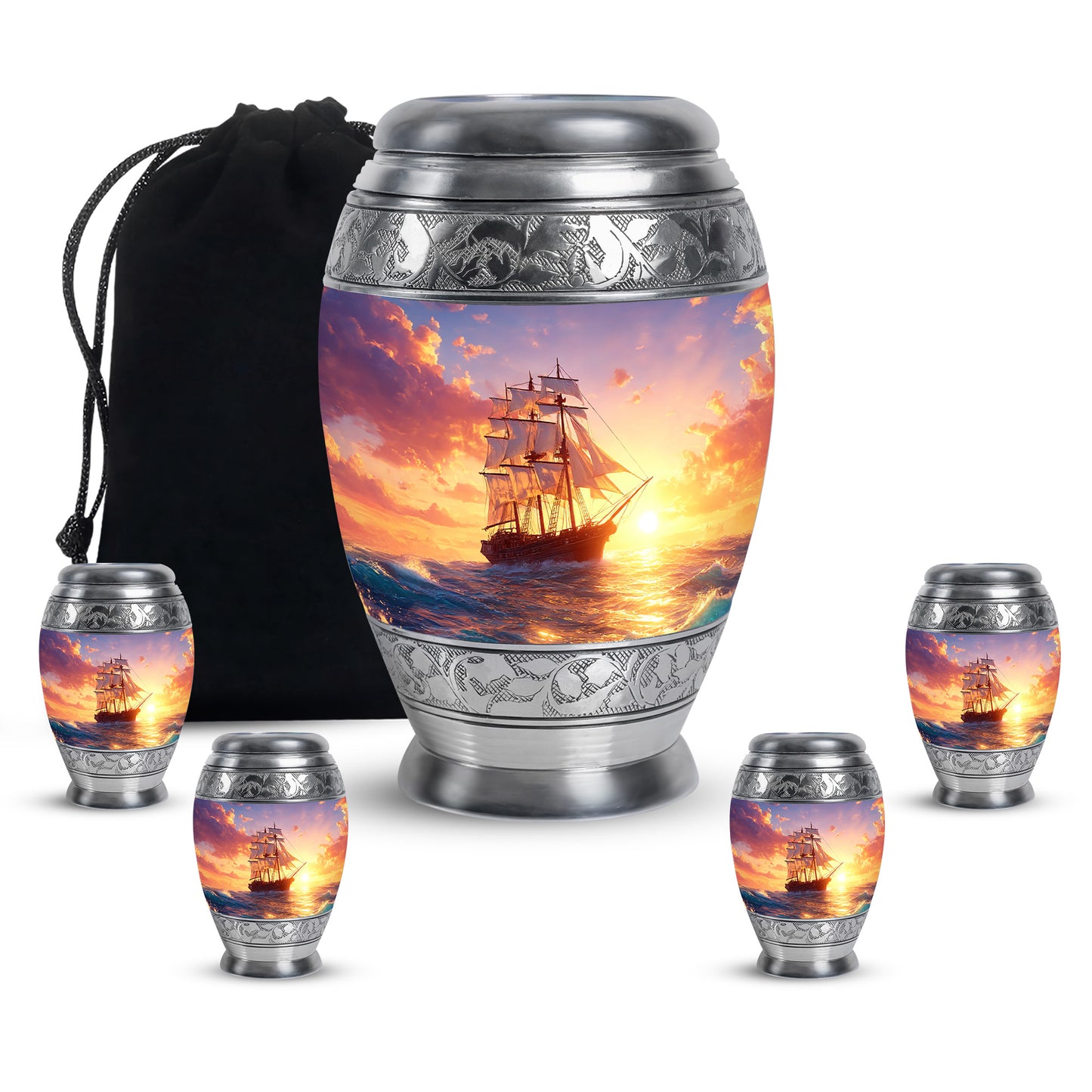 Slate Blue Boat Cremation Urn detail view - regal boat design with crown-inspired accents - memorial set with one large and four small urns