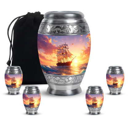 Slate Blue Boat Cremation Urn detail view - regal boat design with crown-inspired accents - memorial set with one large and four small urns