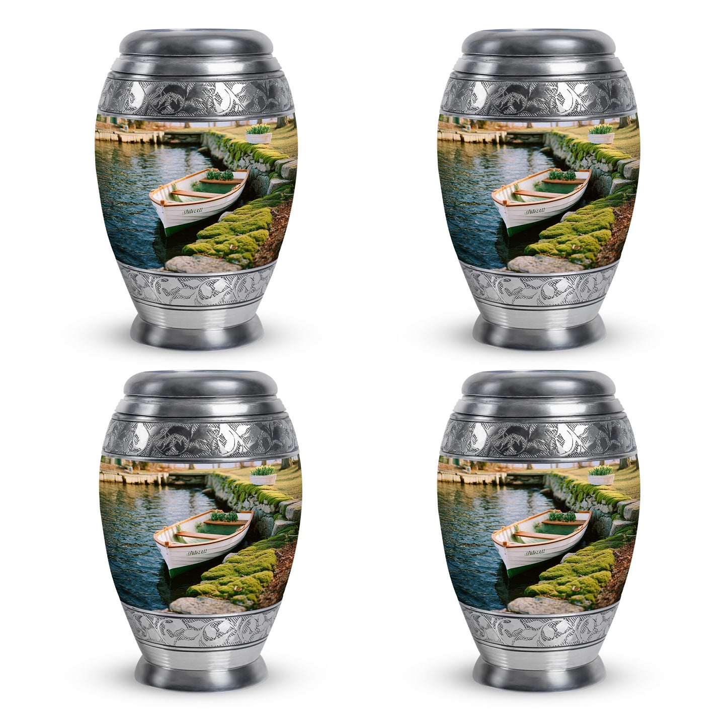 Soft Yellow Boat Cremation Urn urn with complimentary velvet bag - majestic boat pattern with filigree border - 10 inch aluminum urn for cremated remains