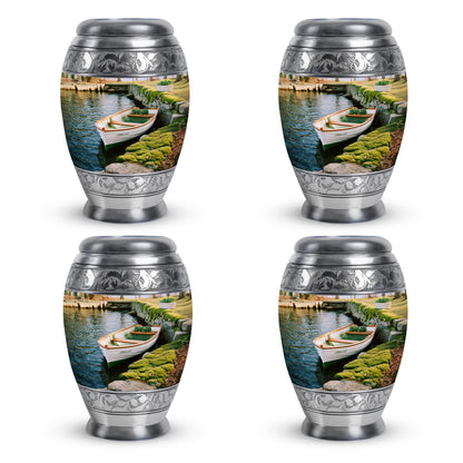 Soft Yellow Boat Cremation Urn urn with complimentary velvet bag - majestic boat pattern with filigree border - 10 inch aluminum urn for cremated remains