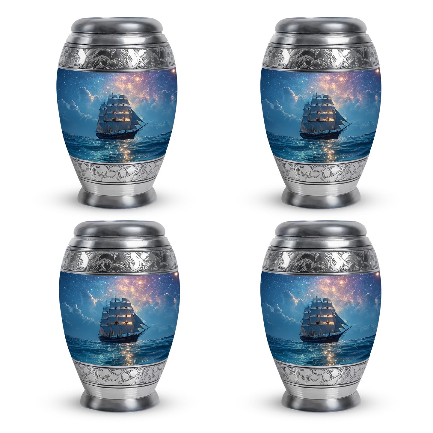 Soft Blue Boat Cremation Urn urn with complimentary velvet bag - royal boat engraving with decorative scrollwork - 10 inch aluminum urn for cremated remains