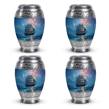 Soft Blue Boat Cremation Urn urn with complimentary velvet bag - royal boat engraving with decorative scrollwork - 10 inch aluminum urn for cremated remains