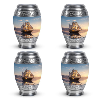 Icy Blue Boat Cremation Urn urn with complimentary velvet bag - ornate monarch-style boat relief on brushed aluminum - 10 inch aluminum urn for cremated remains
