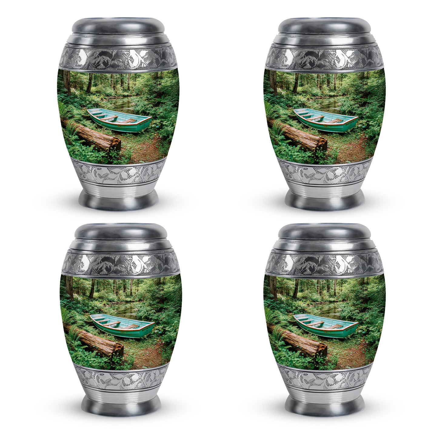Mint Green Boat Cremation Urn urn with complimentary velvet bag - majestic boat pattern with filigree border - 10 inch aluminum urn for cremated remains