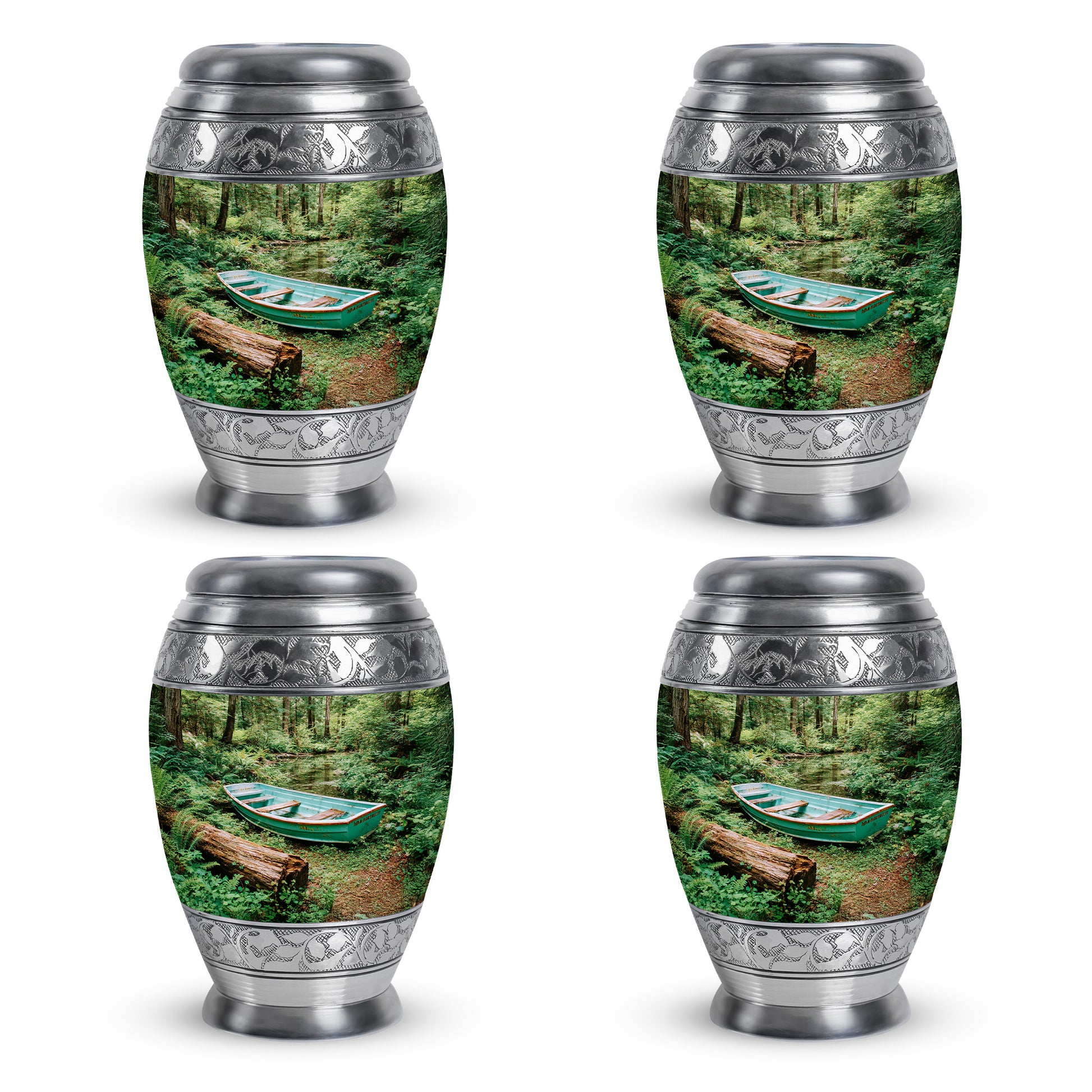 Mint Green Boat Cremation Urn urn with complimentary velvet bag - majestic boat pattern with filigree border - 10 inch aluminum urn for cremated remains