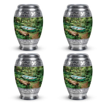 Mint Green Boat Cremation Urn urn with complimentary velvet bag - majestic boat pattern with filigree border - 10 inch aluminum urn for cremated remains