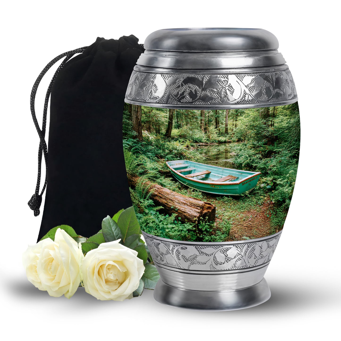 Hunter Green Boat Cremation Urn back view with polished surface - majestic boat pattern with filigree border - full-size 10 inch 200 cubic inch adult cremation urn