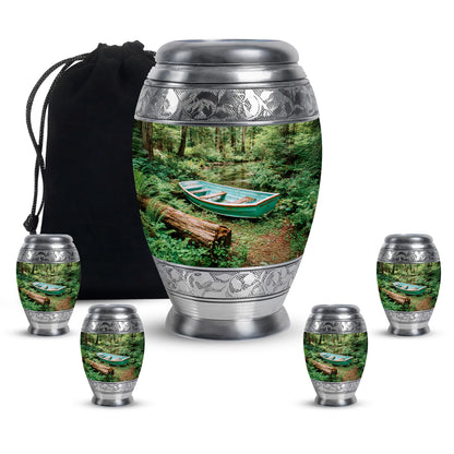 Emerald Green Boat Cremation Urn detail view - ornate monarch-style boat relief on brushed aluminum - memorial set with one large and four small urns
