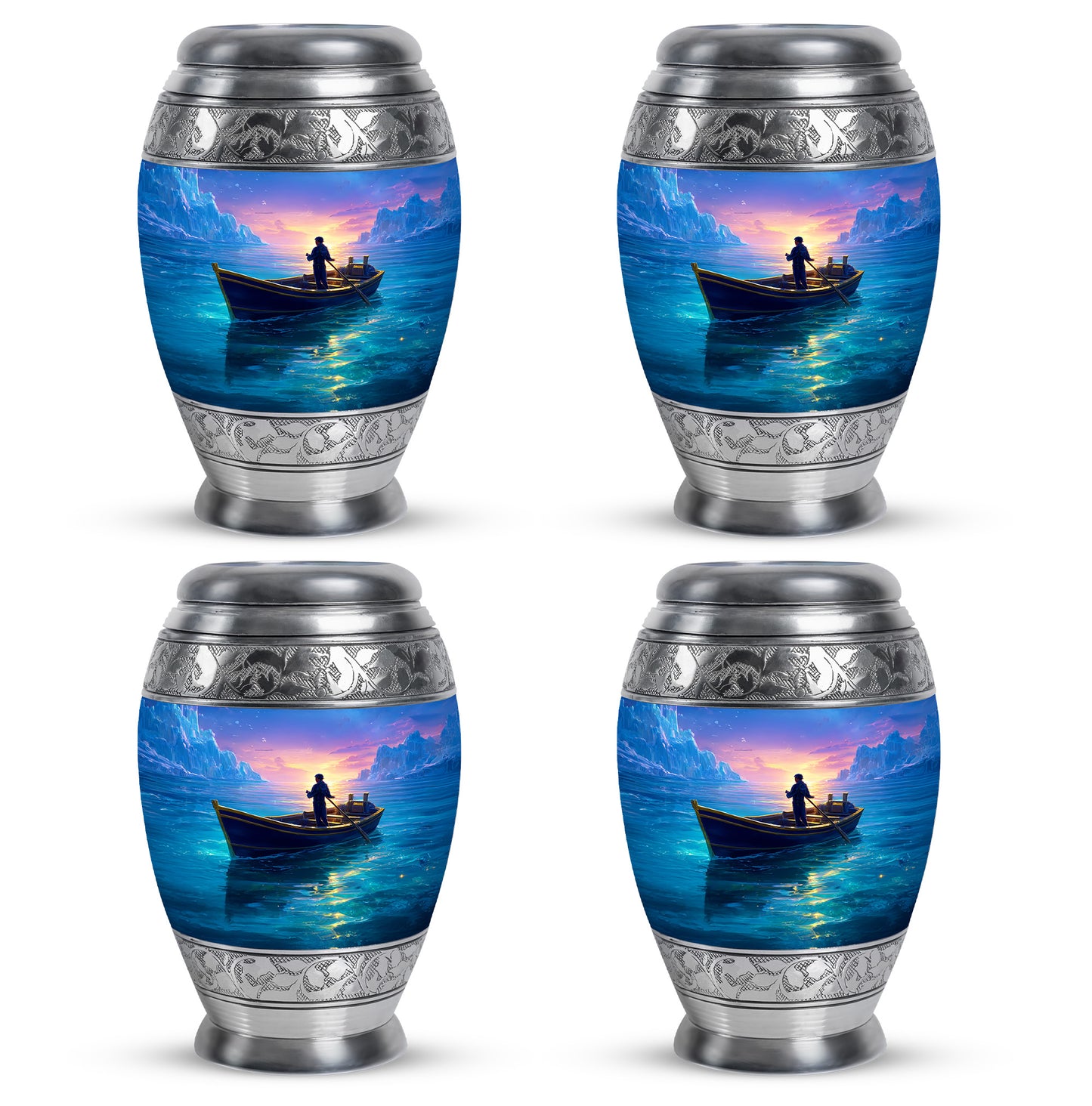 Sapphire Blue Boat Cremation Urn urn with complimentary velvet bag - royal boat engraving with decorative scrollwork - 10 inch aluminum urn for cremated remains