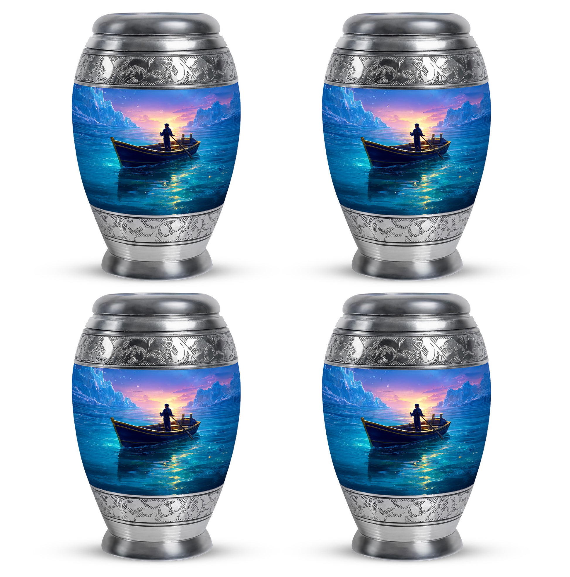 Sapphire Blue Boat Cremation Urn urn with complimentary velvet bag - royal boat engraving with decorative scrollwork - 10 inch aluminum urn for cremated remains