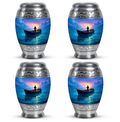 Sapphire Blue Boat Cremation Urn urn with complimentary velvet bag - royal boat engraving with decorative scrollwork - 10 inch aluminum urn for cremated remains