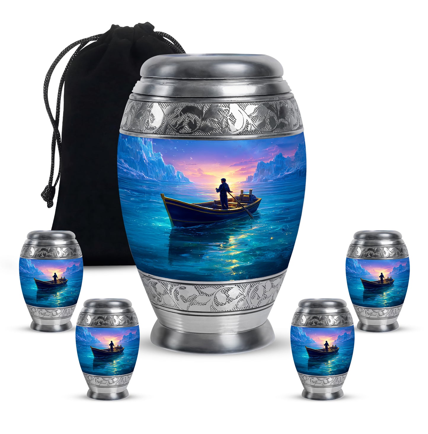 Powder Blue Boat Cremation Urn detail view - regal boat design with crown-inspired accents - memorial set with one large and four small urns