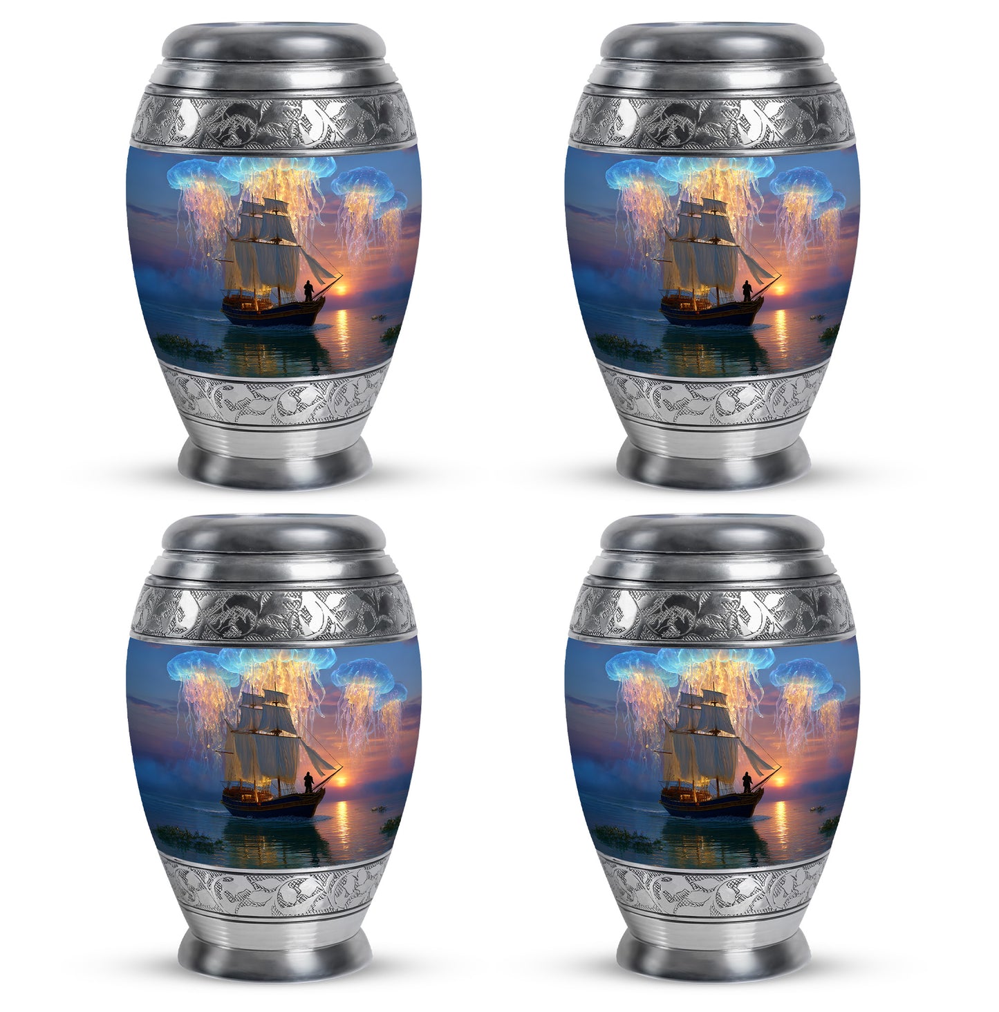 Cornflower Blue Boat Cremation Urn urn with complimentary velvet bag - royal boat engraving with decorative scrollwork - 10 inch aluminum urn for cremated remains