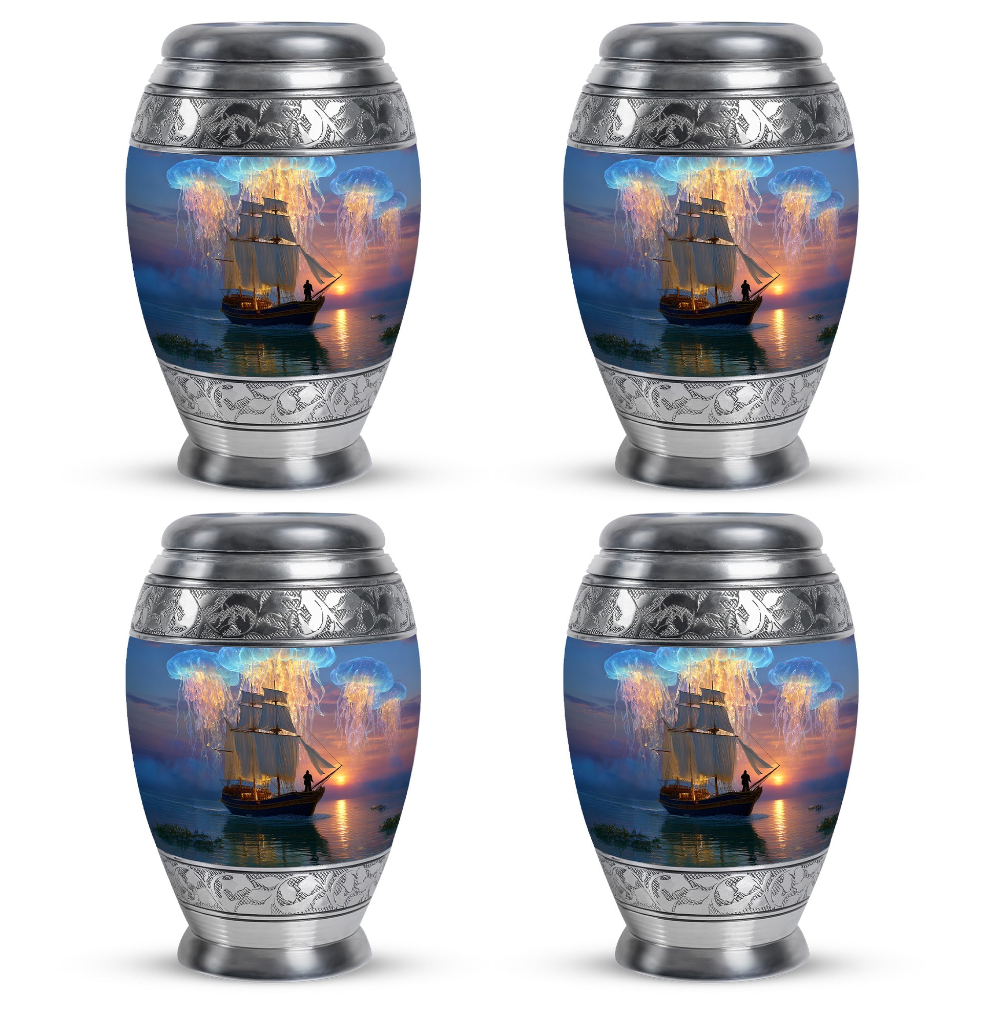 Cornflower Blue Boat Cremation Urn urn with complimentary velvet bag - royal boat engraving with decorative scrollwork - 10 inch aluminum urn for cremated remains