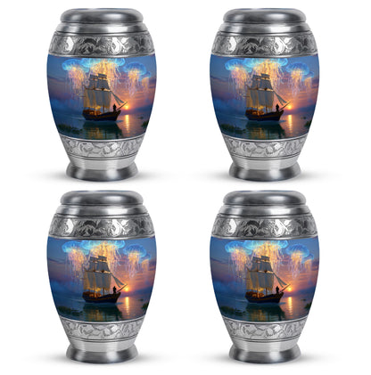 Cornflower Blue Boat Cremation Urn urn with complimentary velvet bag - royal boat engraving with decorative scrollwork - 10 inch aluminum urn for cremated remains