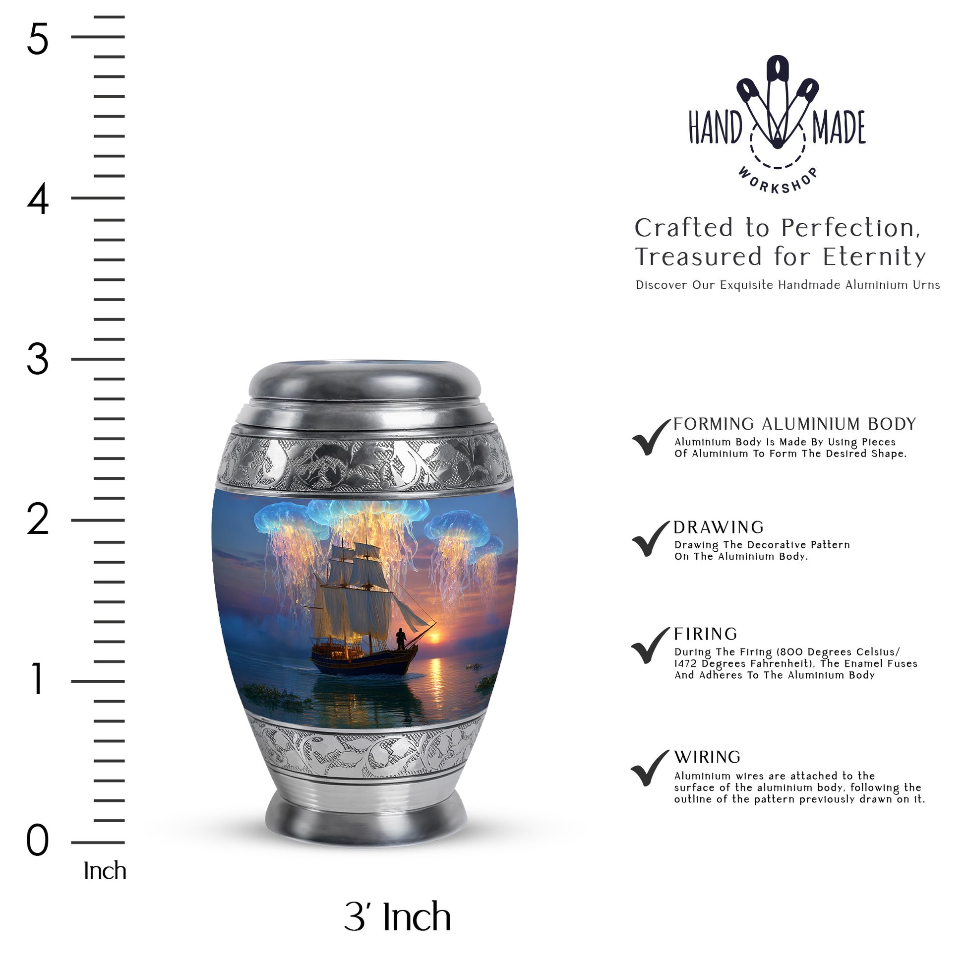 Pastel Blue Boat Cremation Urn lifestyle display on memorial shelf - regal boat design with crown-inspired accents - mini keepsake memorial for portion of cremation ashes
