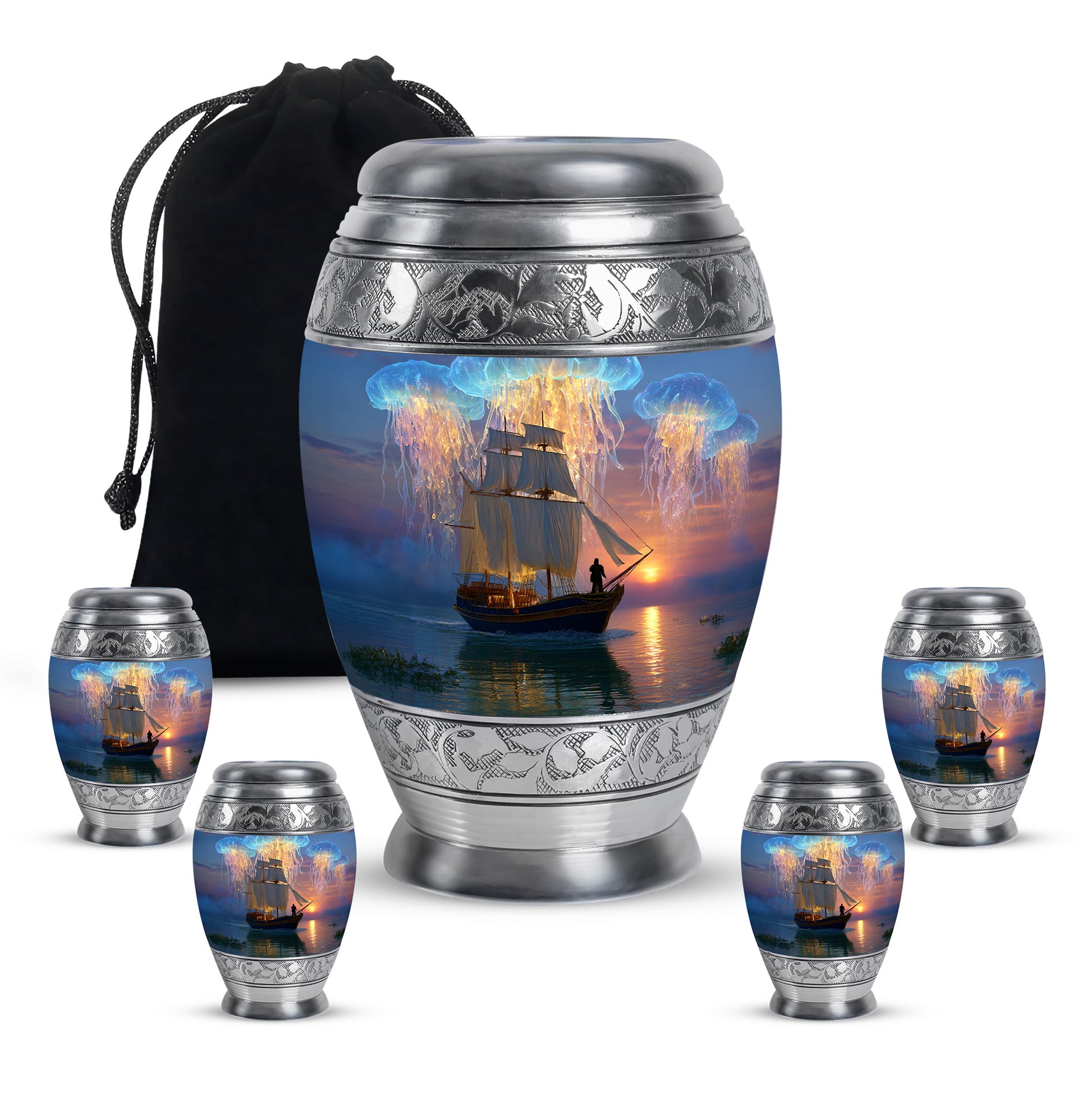 Indigo Boat Cremation Urn detail view - regal boat design with crown-inspired accents - memorial set with one large and four small urns