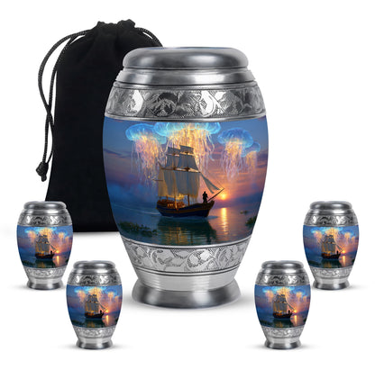 Indigo Boat Cremation Urn detail view - regal boat design with crown-inspired accents - memorial set with one large and four small urns