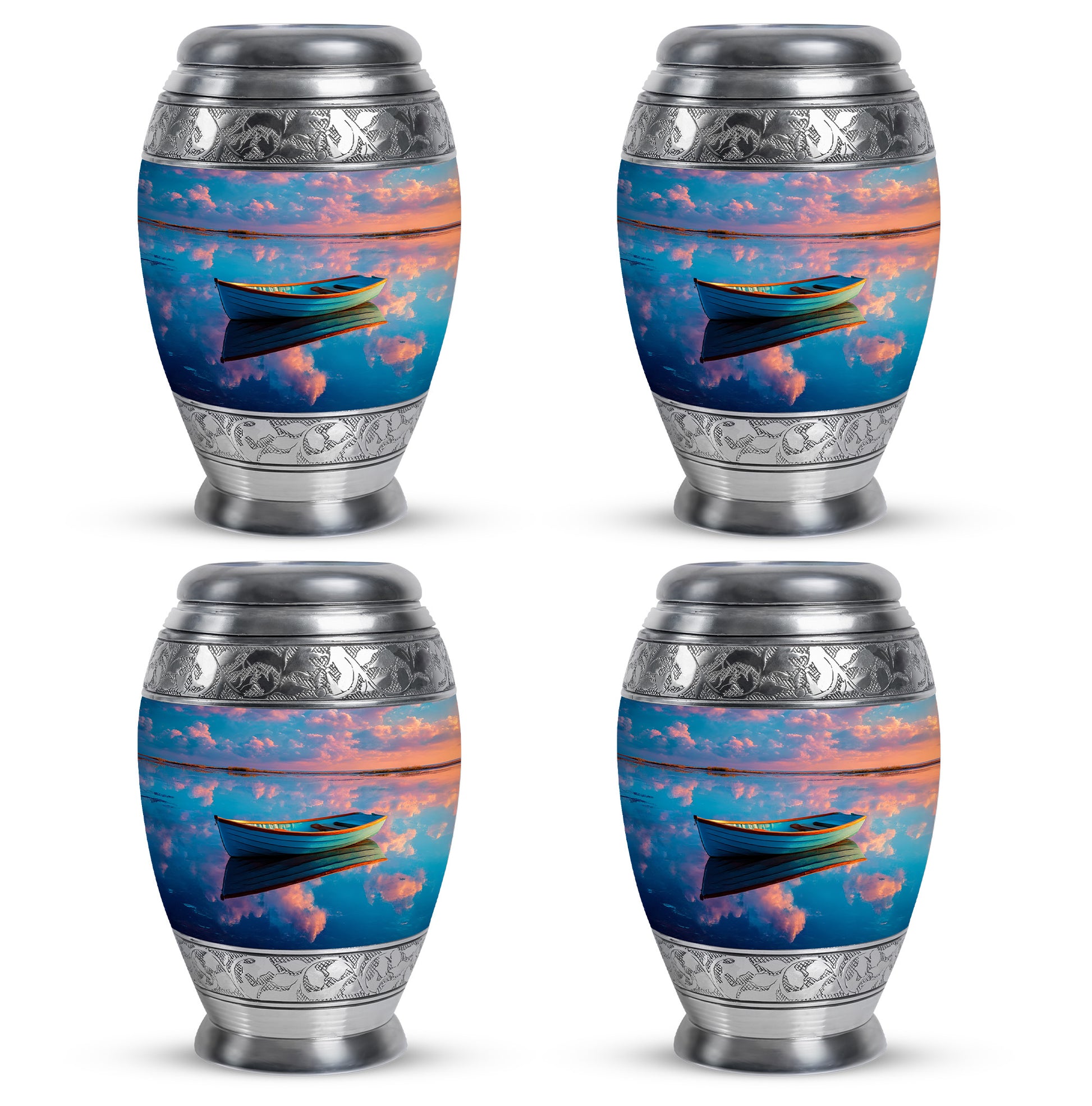 Misty Blue Boat Cremation Urn urn with complimentary velvet bag - ornate monarch-style boat relief on brushed aluminum - 10 inch aluminum urn for cremated remains