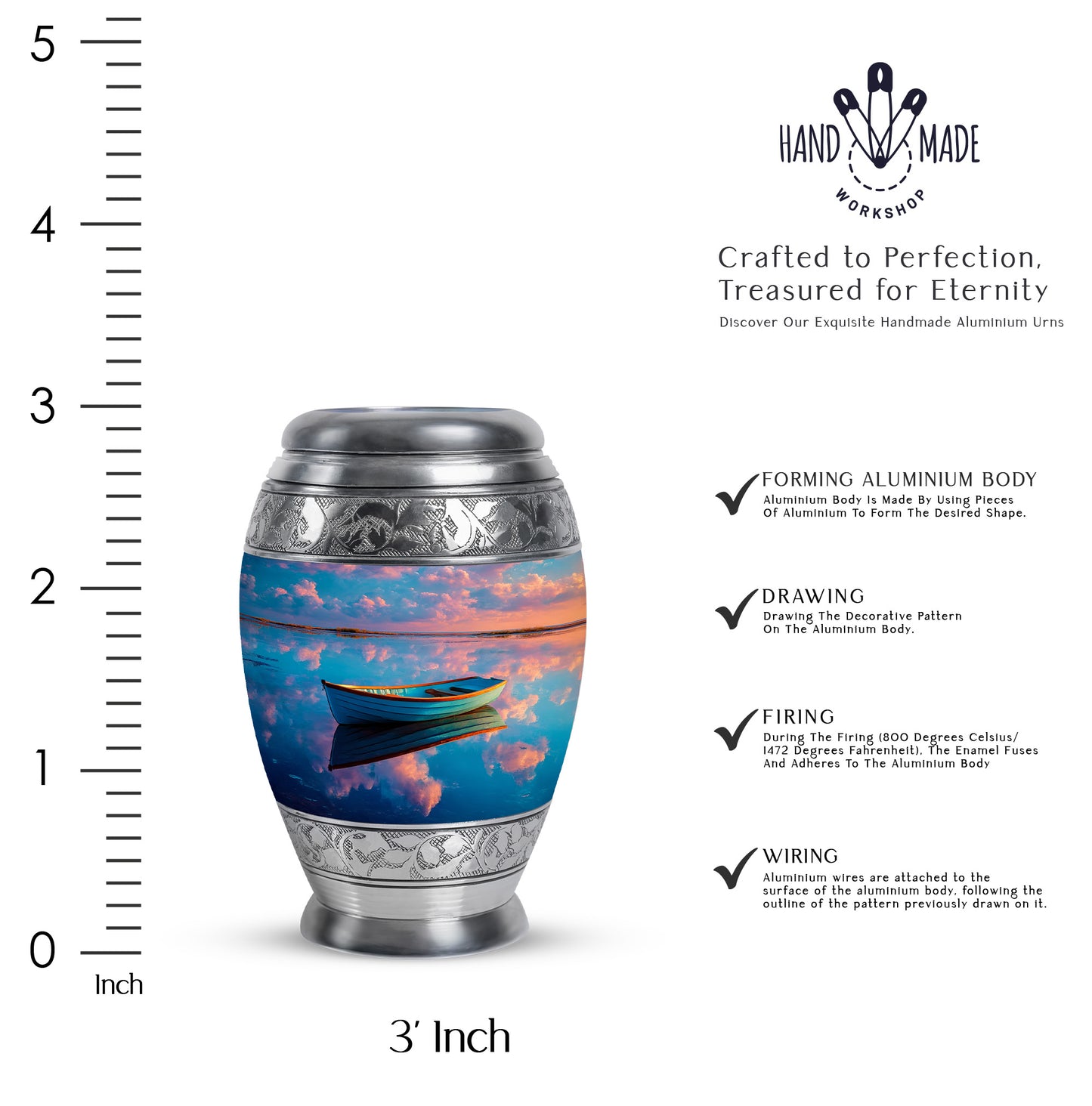 Slate Blue Boat Cremation Urn lifestyle display on memorial shelf - regal boat design with crown-inspired accents - mini keepsake memorial for portion of cremation ashes