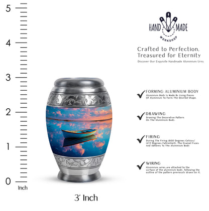 Slate Blue Boat Cremation Urn lifestyle display on memorial shelf - regal boat design with crown-inspired accents - mini keepsake memorial for portion of cremation ashes