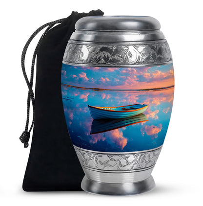 Navy Blue Boat Cremation Urn back view with polished surface - ornate monarch-style boat relief on brushed aluminum - full-size 10 inch 200 cubic inch adult cremation urn